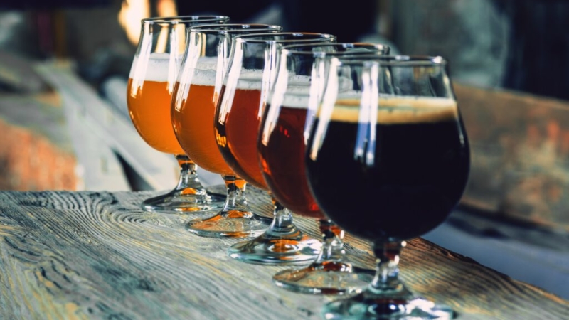 glasses of beer lined up in a row